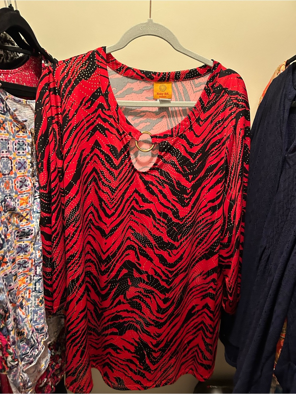 Ruby Rd. Red and Black Animal-Print Keyhole Tunic with Ring Detail